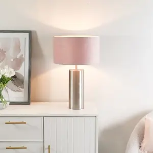 ValueLights Lexy Brushed Chrome Touch Table Lamp with Blush Pink Velvet Shade