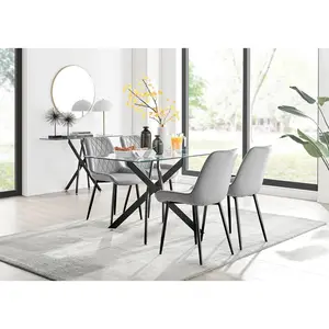 Lenworth Glass Rectangular Dining Table Set with 4 Luxury Velvet Chairs Grey/Black / Black