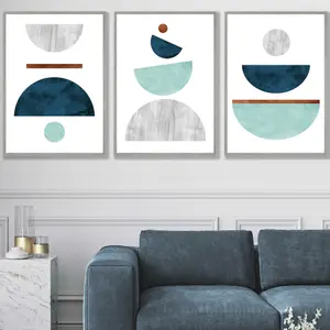 Set of 3 Teal, Mint Green and Grey Abstract Mid Century Geometric Wall Art Prints / 50x70cm / Light Grey Frame