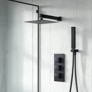 Nes Home Temel Square Shower Head Concealed Thermostatic Mixer Valve, Handset & Shower Head Matte Black