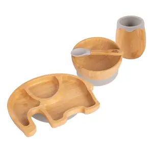 Tiny Dining - Elephant Bamboo Suction Baby Feeding Set - Grey - 4pc