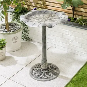 Garden Bird Bath Resin Leaf Birdbath With Rustic Metal Effect H60cm Grey Christow