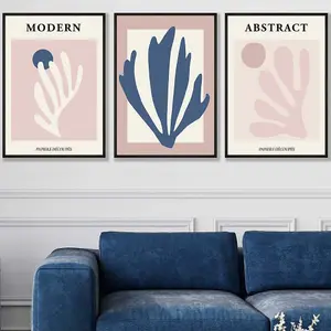 Set of 3 Matisse Style Floral Cut Out Navy & Pink Wall Art Prints / 50x70cm / Black Frame