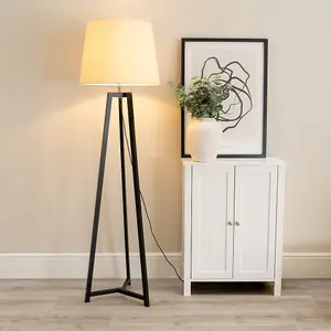 ValueLights Lottie Black Wood Tripod Floor Lamp with Beige Tapered Shade - LED Bulb Included