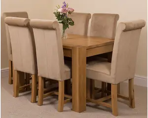 Kuba 125 x 80 cm Chunky Oak Small Dining Table and 6 Chairs Dining Set with Washington Beige Fabric Chairs