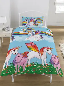 Rainbow Unicorns Single Duvet Cover and Pillowcase Set