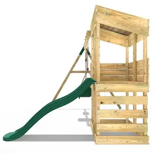 Rebo Wooden Lookout Tower Playhouse with 6ft Slide & Swings - Redwood