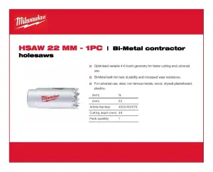 Milwaukee - Bi-Metal Contractor Holesaw - 22mm - 1 Piece