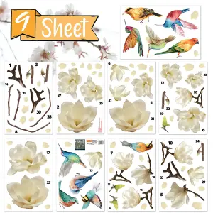 White Magnolia Flowers with Birds Spring Window Clings