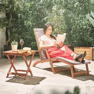 VonHaus Wooden Sun Lounger Set of 2, Folding Garden Steamer Chair, Sunlounger with Removable Footstool & Cushion, Acacia Hardwood