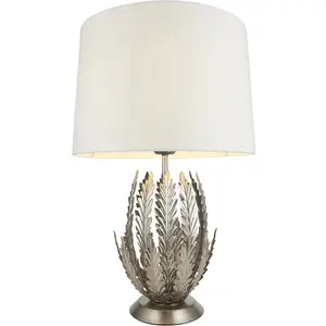 Ornate Silver Table Lamp Light Ivory Cotton Fabric Shade Decorative Leaf Design