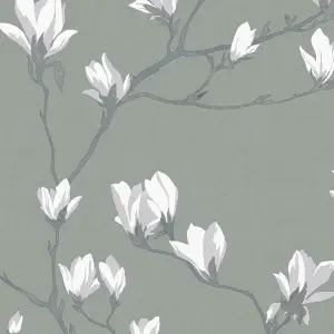 Laura Ashley Magnolia grove Slate Floral Smooth Wallpaper