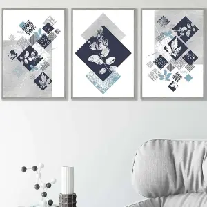 Set of 3 Graphical Abstract Floral Navy Blue Grey Wall Art Prints / 42x59cm (A2) / Light Grey Frame