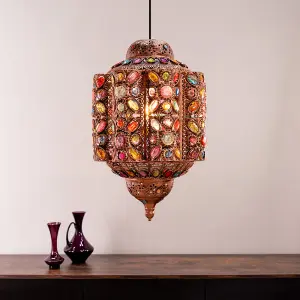 ValueLights Leyla Large Moroccan Bazaar Style Bronze Lantern Easy Fit Ceiling Light Shade with Multi Coloured Jewels