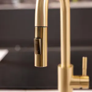 Flode Runda Kitchen Sink Mixer with Pull out Spray Brushed Brass Square Head