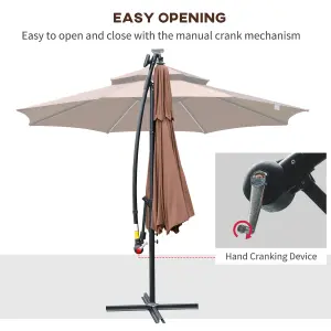 Outsunny 3(m) Cantilever Parasol Hanging Banana Umbrella w/ lights, Coffee