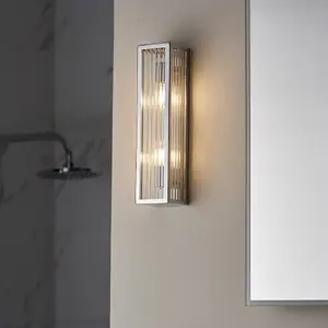 Bathroom Wall Light Fitting - Chrome Plate & Ribbed Glass Shade - Twin Lamp