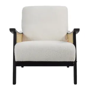 Accent Armchair with Wood Frame Upholstered Rattan Arms Chair in White