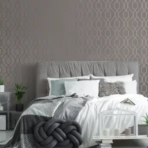 GoodHome Newland Grey Metallic effect Geometric Smooth Wallpaper