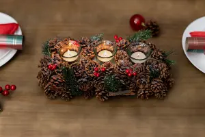 Christmas Candle Holder Tea Light Glass Votive Pine Cone Home Decor Berries Xmas