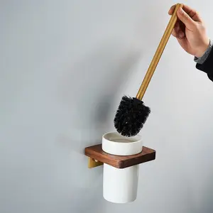 Nes Home Luxury Toilet Brush, Holder and Ceramic Bowl Wooden Walnut & Gold