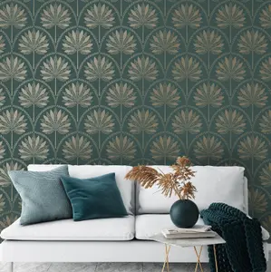 Holden Teal Metallic Gold Tropical Palm Trees Leaves Feature Wallpaper