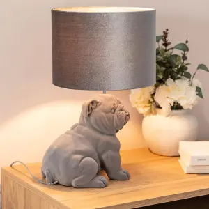 ValueLights Grey Velvet Bulldog Bedside Table Lamp with a Drum Lampshade Animal Bedroom Light