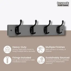 keypak 4 Matte Black Coat Hooks on Grey Wooden Board - 46cm Modern Wall Mounted Coat Rack Clothes Hanger