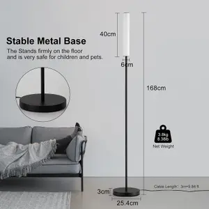 HARPER LIVING Modern LED Floor Lamp with Remote + Touch Control, Black Standing Reading Lamp with Cylinder White Plastic Shade