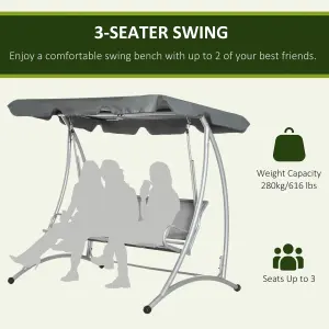 Outsunny 3 Seat Metal Fabric Backyard Balcony Patio Swing Chair w/ Canopy Grey