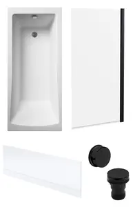 Square Single Ended Bath, Black Screen, Front Panel and Black Waste -1700x700mm