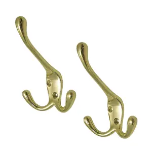 2 x Polished Brass Metal Triple Hat and Coat Hooks, Door Robe Dress Hangers