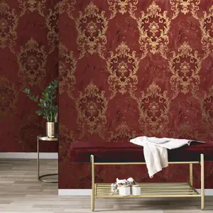 Vasari Sienna Damask Marble Red Gold Wallpaper Luxury Italian Textured Vinyl