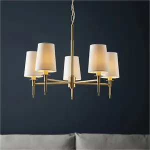 Multi Arm Hanging Ceiling Pendant Light - Satin Brass Plate & Vintage White Fabric Shade - 5 x 6W LED E14