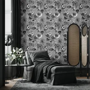 Galerie Pepper Felice Black Shimmer Flocked Wild Flower Wallpaper