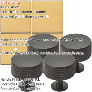 4 PACK - Cabinet Door Knob & Contrasting Backplate Set - Knurled Kitchen Pull - Matt Black & Satin Brass