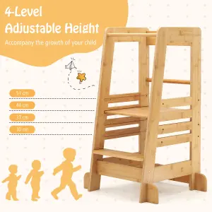 COSTWAY Kitchen Step Stool for Toddlers Bamboo Kids Standing Tower with Safety Rail