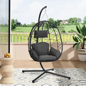 Black Foldable Single Egg Chair Hanging Basket with Metal Bracket and Seat Cushion