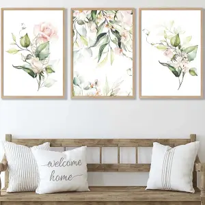 Set of 3 Pink Watercolour Rose Bouquets Wall Art Prints / 50x70cm / Oak Frame