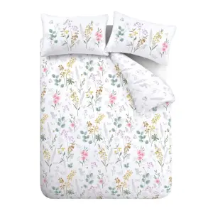 Catherine Lansfield Bedding Emilia Floral Reversible King Duvet Cover Set with Pillowcases White Green