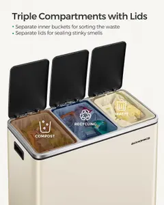 SONGMICS Kitchen Bin, Triple Recycling Bin, 3 Compartment Rubbish Bin for Recycling, Waste, Pedals, Steel, Sand Beige