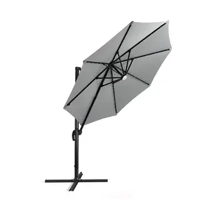 3M Grey Round Cantilever Parasol with Solar Light and Parasol Base