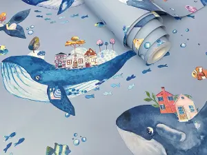 Whale Town Blue Children's Wallpaper