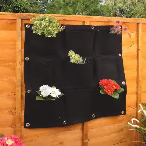 9 Pocket Vertical Wall Planter - Indoor Outdoor Floral Feature Black Hanging Flower Herb Veg Holder for Walls & Fences - 70 x 70cm