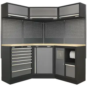 Modular 1.6m Garage Corner Storage System with Pressed Wood Worktop