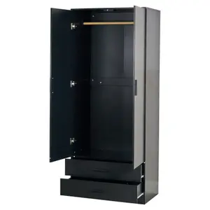 URBNLIVING 180cm Tall Wooden 2 Door Wardrobe Black Carcass and Black Drawers With 2 Drawers Bedroom Storage Hanging Bar Clothes