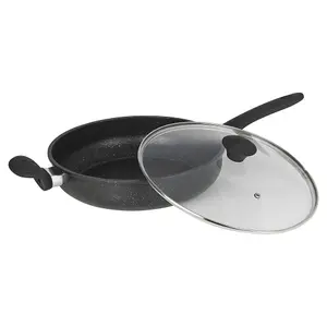 URBNCHEF 28cm Diameter Pressed Carbon Induction Black Deep Frying Pan & Lid Pot with Soft Touch Handle