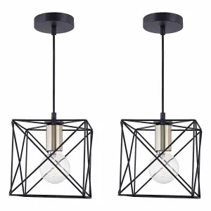 First Choice Lighting Set of 2 Geosphere Matt Black with Brushed Gold Pendant Ceiling Lights