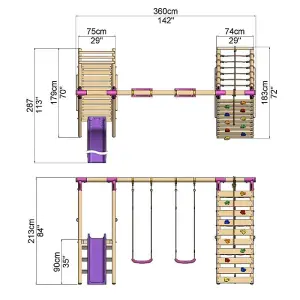 Rebo Wooden Swing Set with Deck and Slide plus Up and Over Climbing Wall - Jade Pink