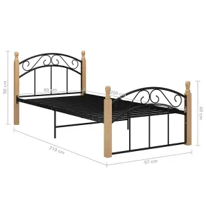 Berkfield Bed Frame Black Metal and Solid Oak Wood 90x200 cm